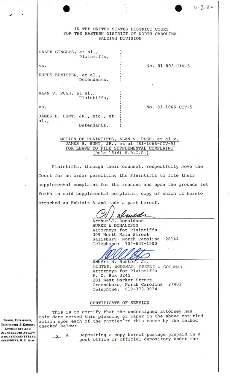 Motion of Plaintiffs, Alan v. Pugh, et al v. James B. Hunt, Jr., et al (81-1066-CIV-5) For Leave to File Supplemental Complaint (Rule 15(d) F.R.C.P.) preview