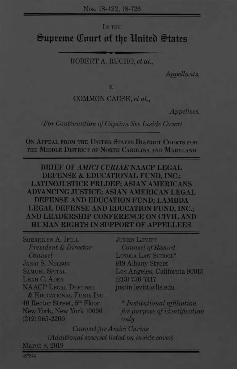 Rucho v Common Cause Brief Amici Curiae in Support of Appellees preview