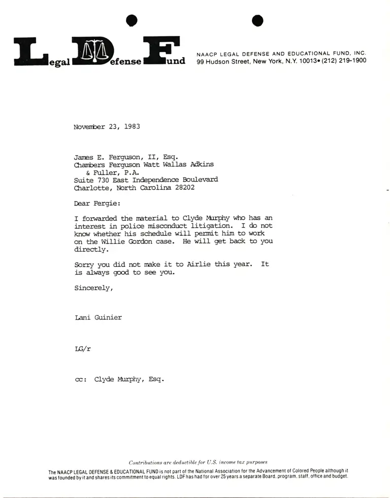 Correspondence from Lani Guinier to James E. Ferguson, II. preview