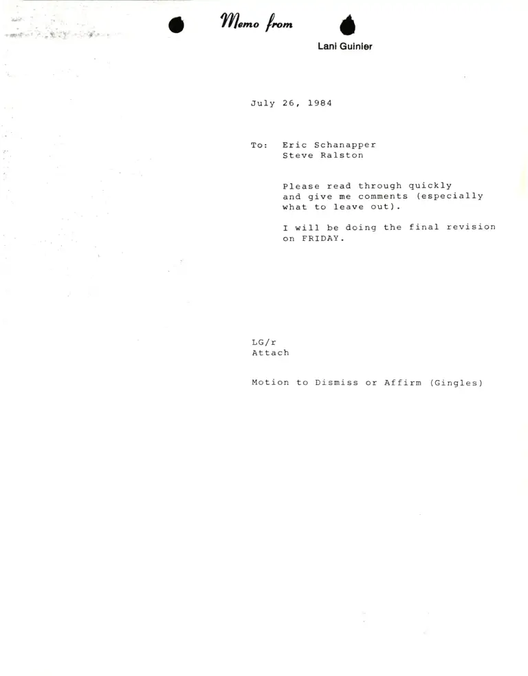 Memo from Lani Guinier to Eric Schnapper and Steve Ralston Re Motion to Dismiss or Affirm (Gingles) preview