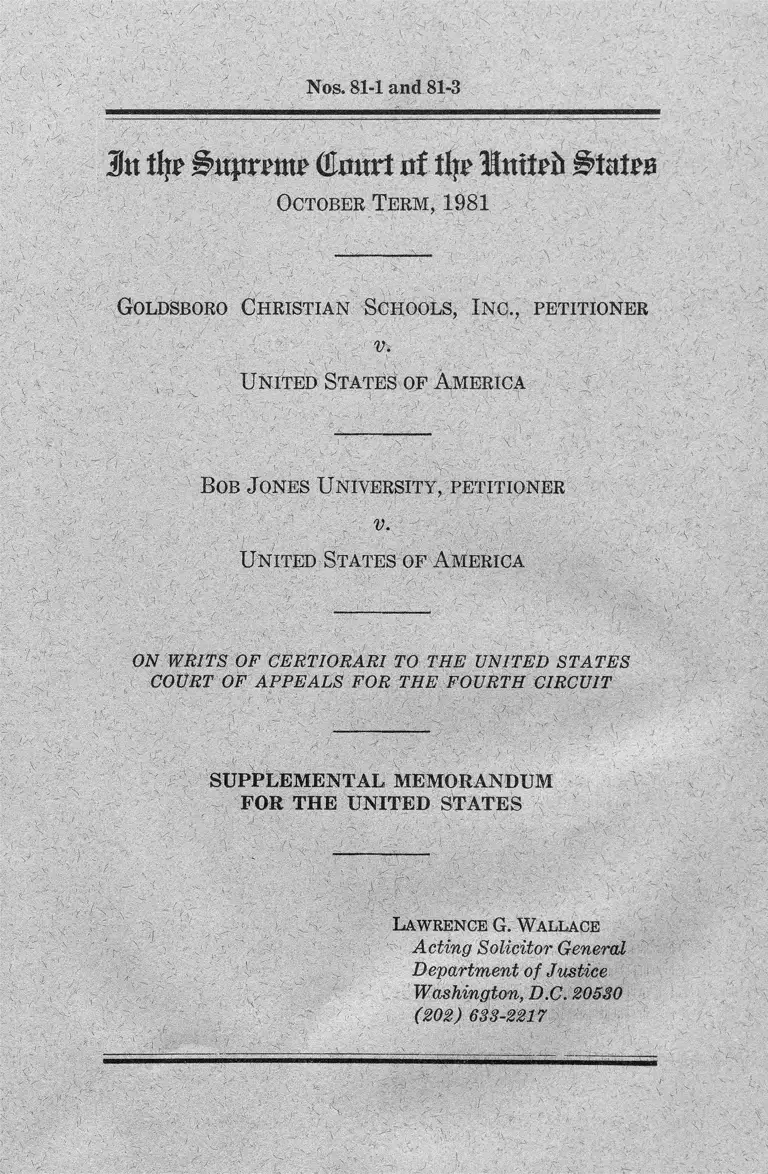 Goldsboro Christian Schools, Inc. v. United States Supplemental Memorandum for the United States preview