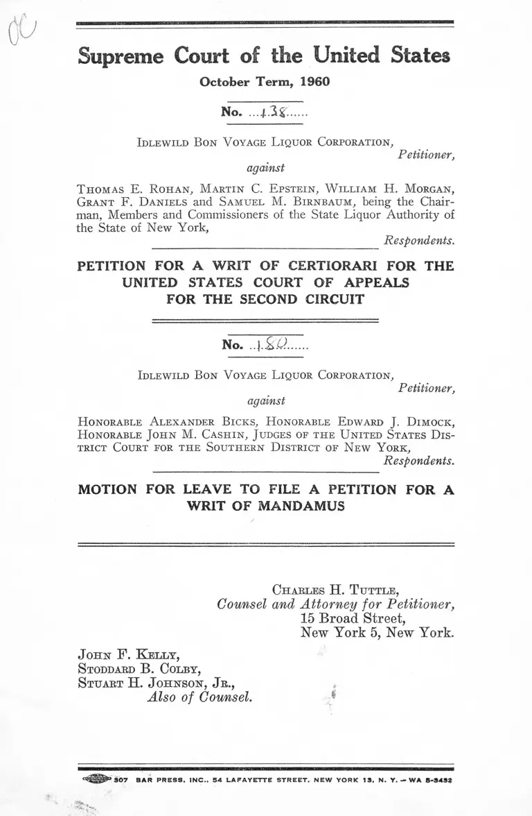 Idlewild Bon Voyage Liquor Corp. v. Rohan Petition for a Writ of Certiorari for the US Court of Appeals for the Second Circuit preview