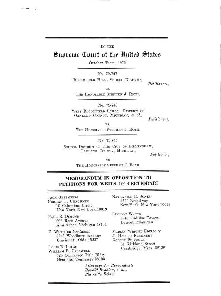Memorandum in Opposition to Petitions for Writs of Certiorari RE Bloomfield Hills Sch. Dist. v. Hon. J. Roth preview