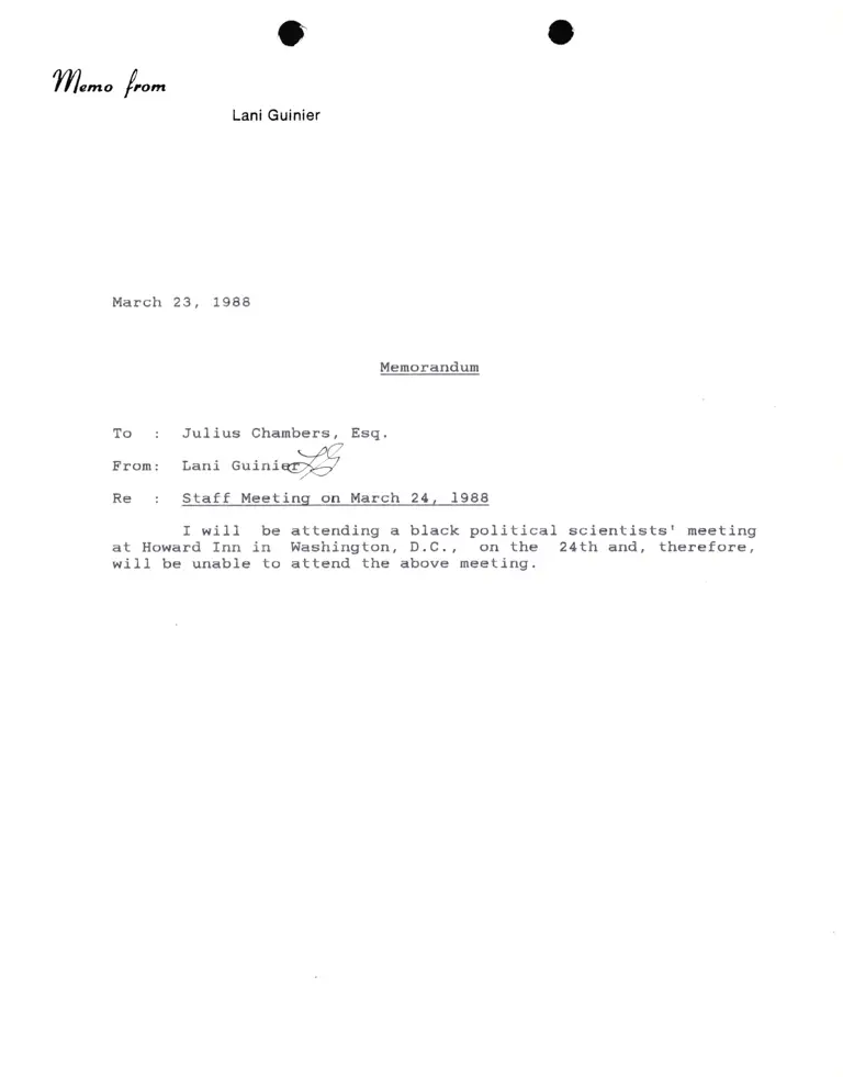 Memorandum from Lani Guinier to Julius Chambers Re Staff Meeting on March 24, 1988 preview