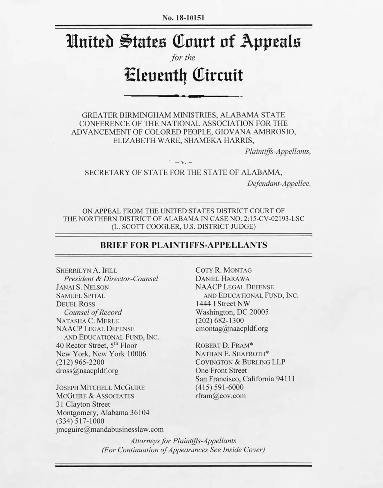 Greater Birmingham Ministries v. Alabama Secretary of State Brief for Plaintiffs-Appellants preview