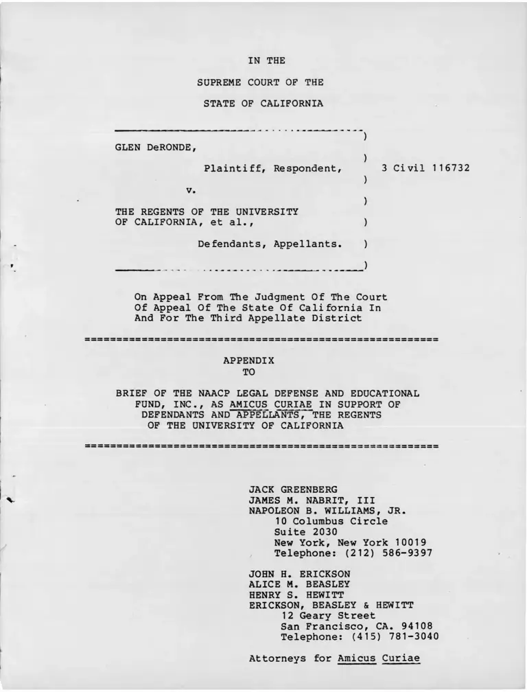 DeRonde v. University of California Regents Appendix to Brief Amicus Curiae preview