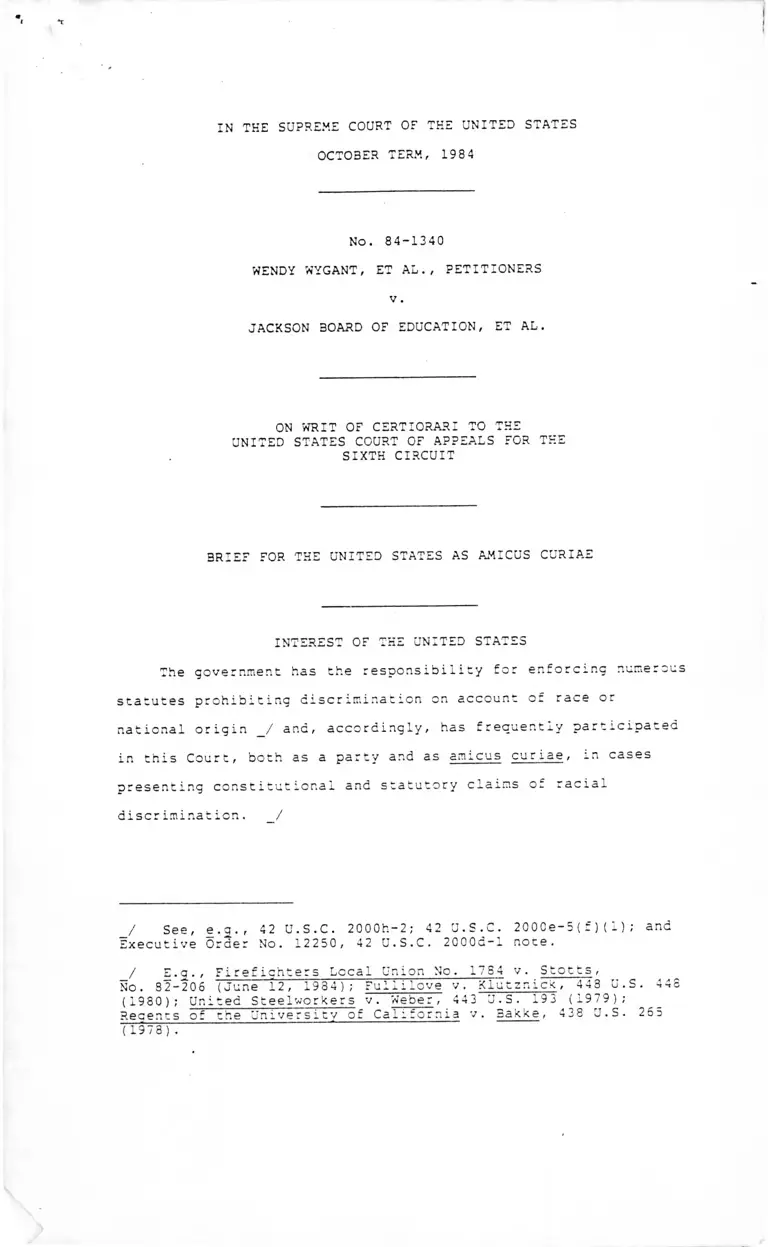 Wygant v. Jackson Board of Education Brief Amicus Curiae preview