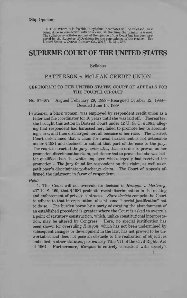 Patterson v. McLean Credit Union Opinion preview