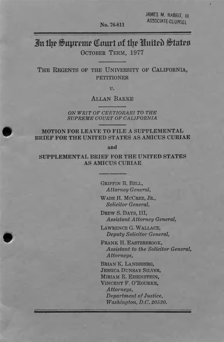 Bakke v. Regents Motion for Leave to File and Supplemental Brief for the United States as Amicus Curiae preview