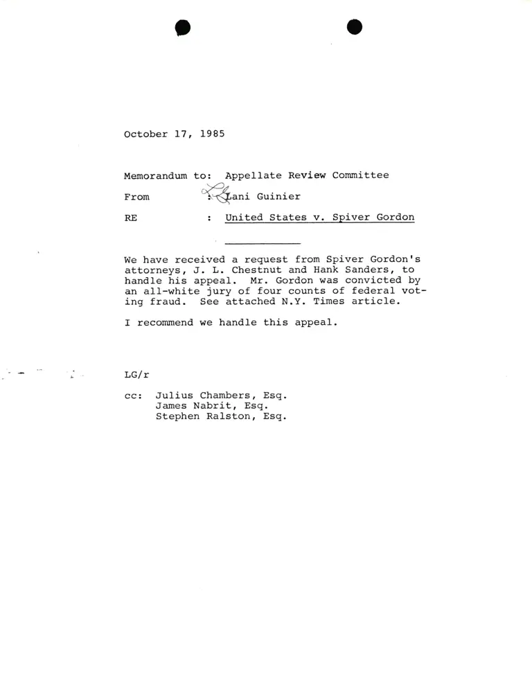 Memorandum from Lani Guinier to Appellate Review Committee Re United States v. Spiver Gordon preview