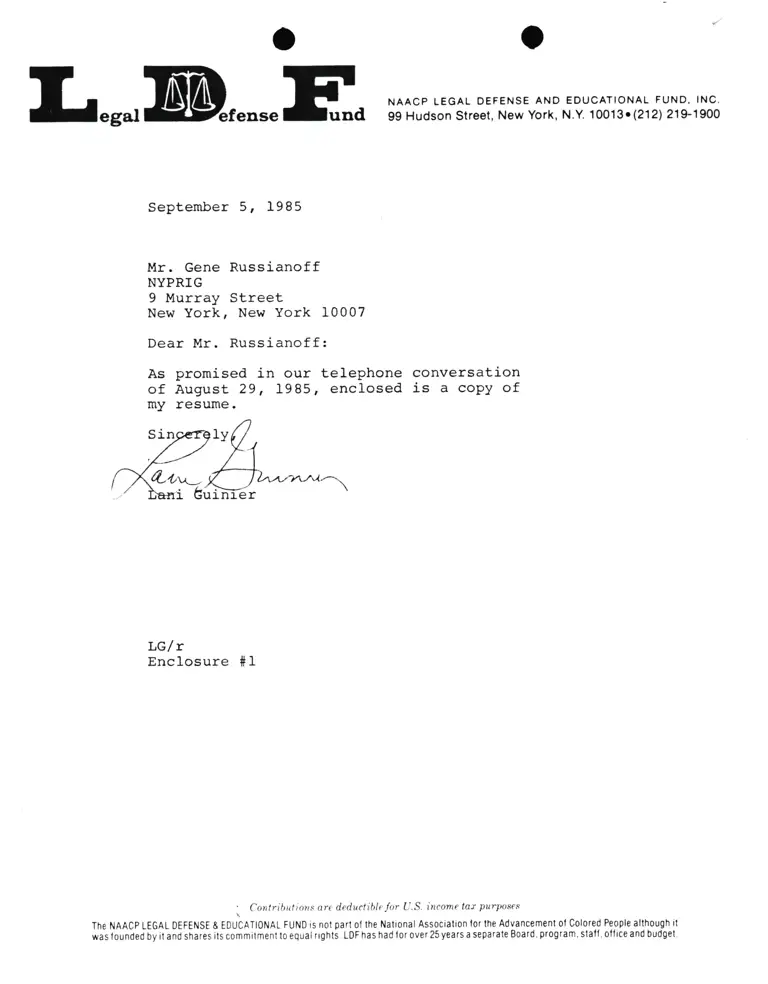 Correspondence from Lani Guinier to Gene Russianoff (NYPRIG) preview