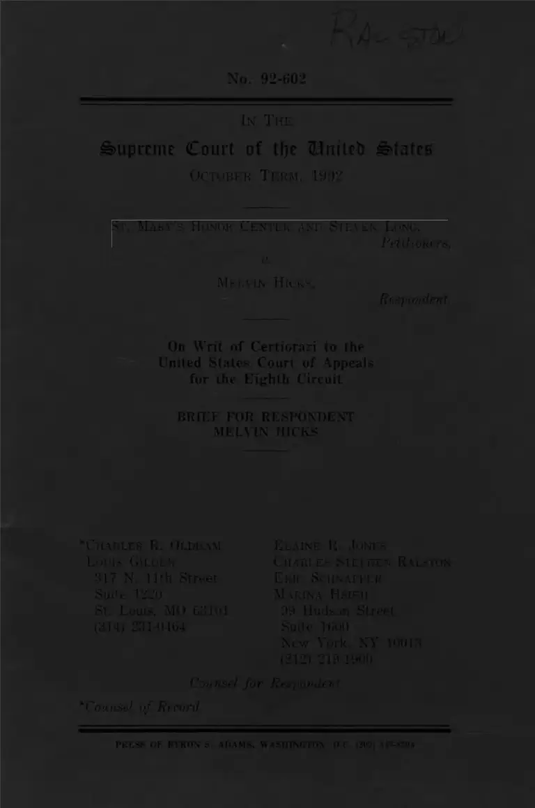 St. Mary's Honor Center v Hicks Brief for Respondent preview