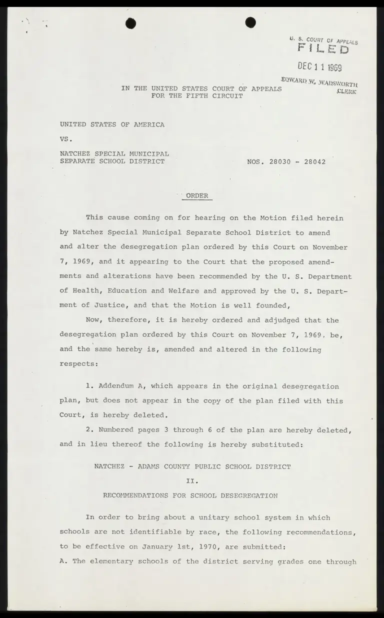 United States v. Natchez School District Order preview