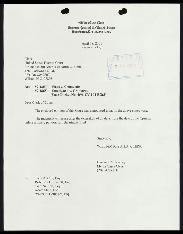 Correspondence between Clerks Re: Hunt v. Cromartie Syllabus and Court Opinion preview