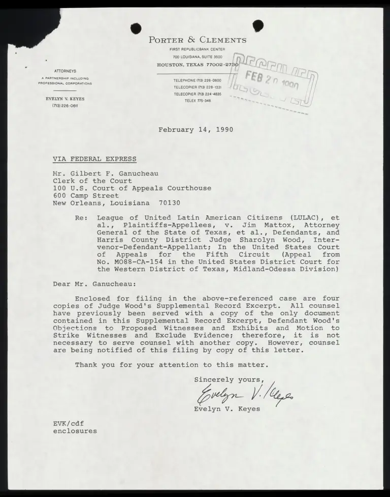 Correspondence from Keyes to Clerk Re: Wood's Supplemental Record Excerpt preview