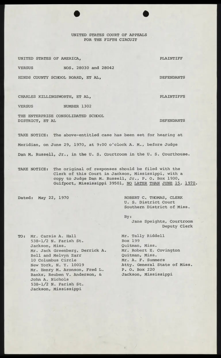 United States v. Enterprise Consolidated School District Notice to Set Hearing and File Response preview