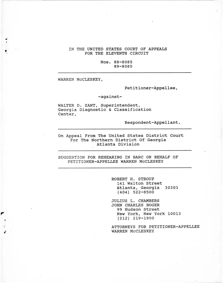 McCleskey v. Zant Suggestion for Rehearing in Banc on Behalf of Petitioner-Appellee preview