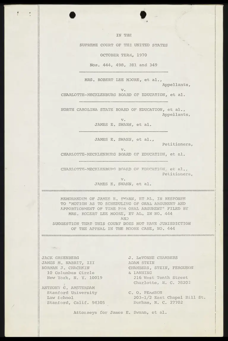 Memorandum of Swann ET AL. in Response to Motion as to Scheduling and Apportionment of Time for Oral Argument preview