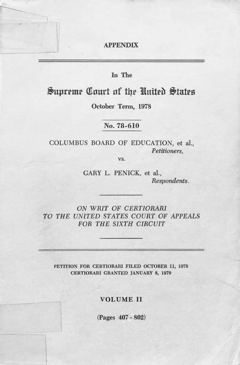 Columbus Board of Education v. Penick Appendix Volume II preview
