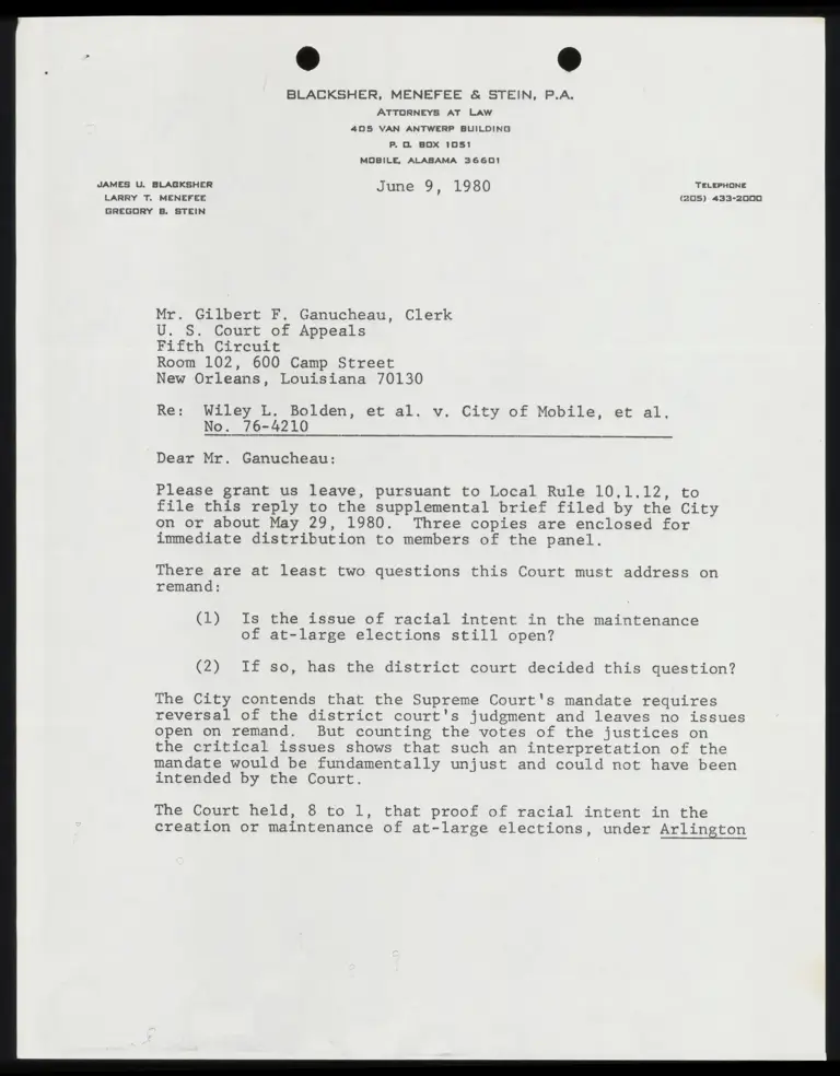 Correspondence from Blacksher to Clerk preview