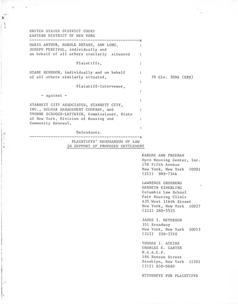 Arthur v. Starrett City Associates Plaintiffs' Memorandum of Law in Support of Proposed Settlement preview
