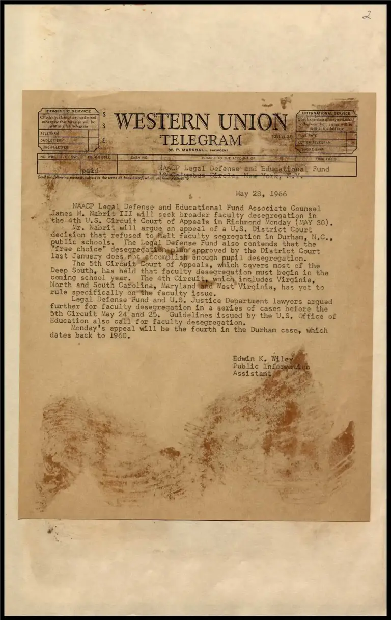 Faculty Desegregation Appeal in Durham, N.C. (Telegram) preview