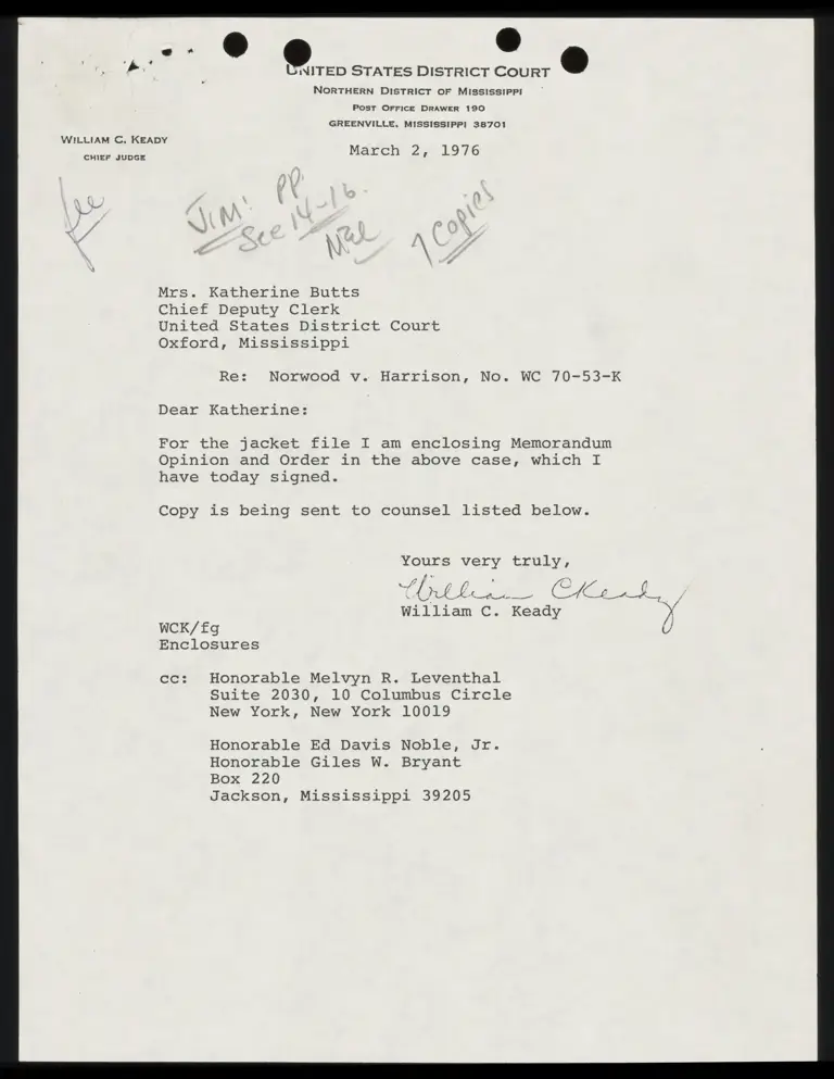 Correspondence from Judge Keady to Clerk Re: Memorandum Opinion and Order preview