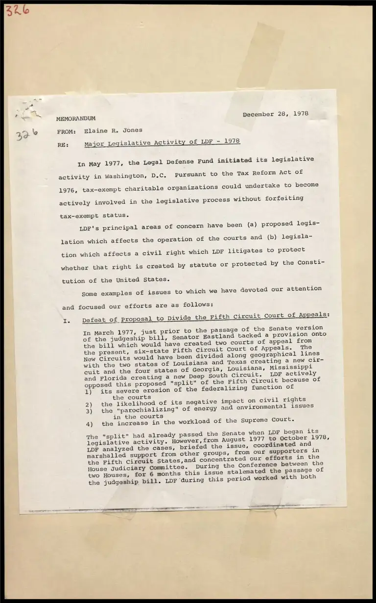 Memorandum Re: Major Legislative Activity of LDF - 1978 preview
