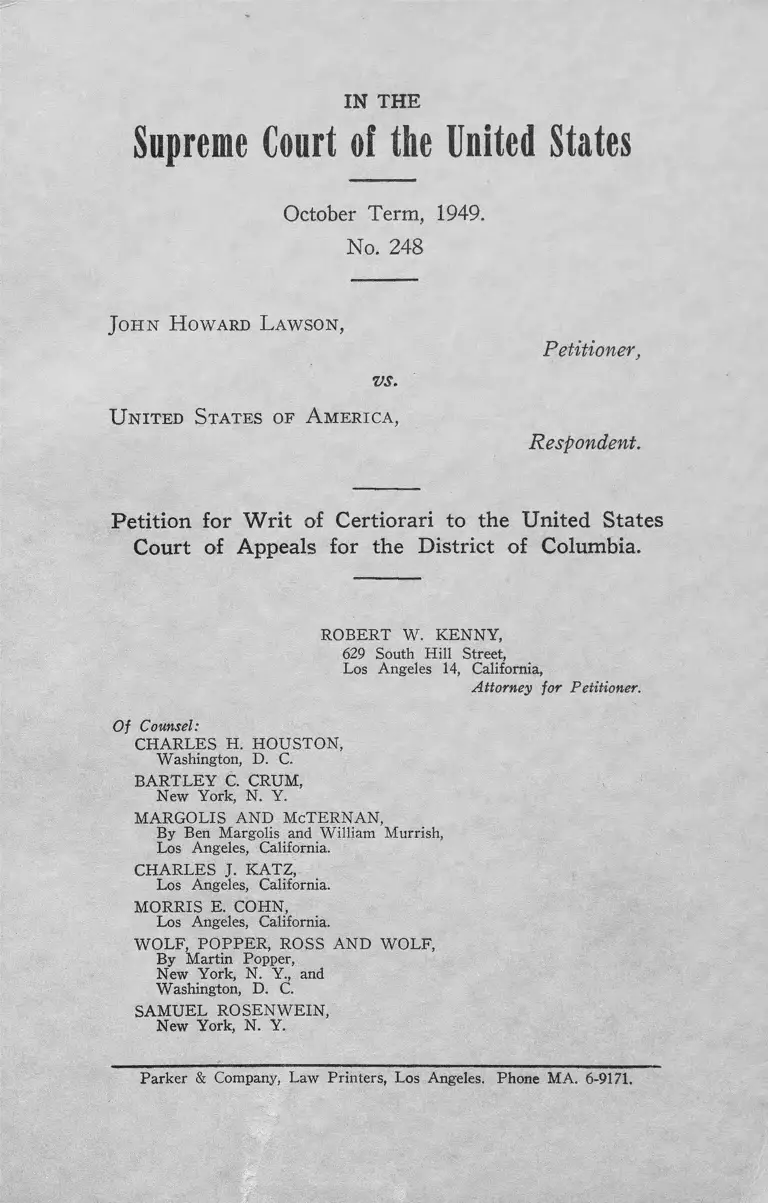 Lawson v. United States of America Petition for Writ of Certiorari preview