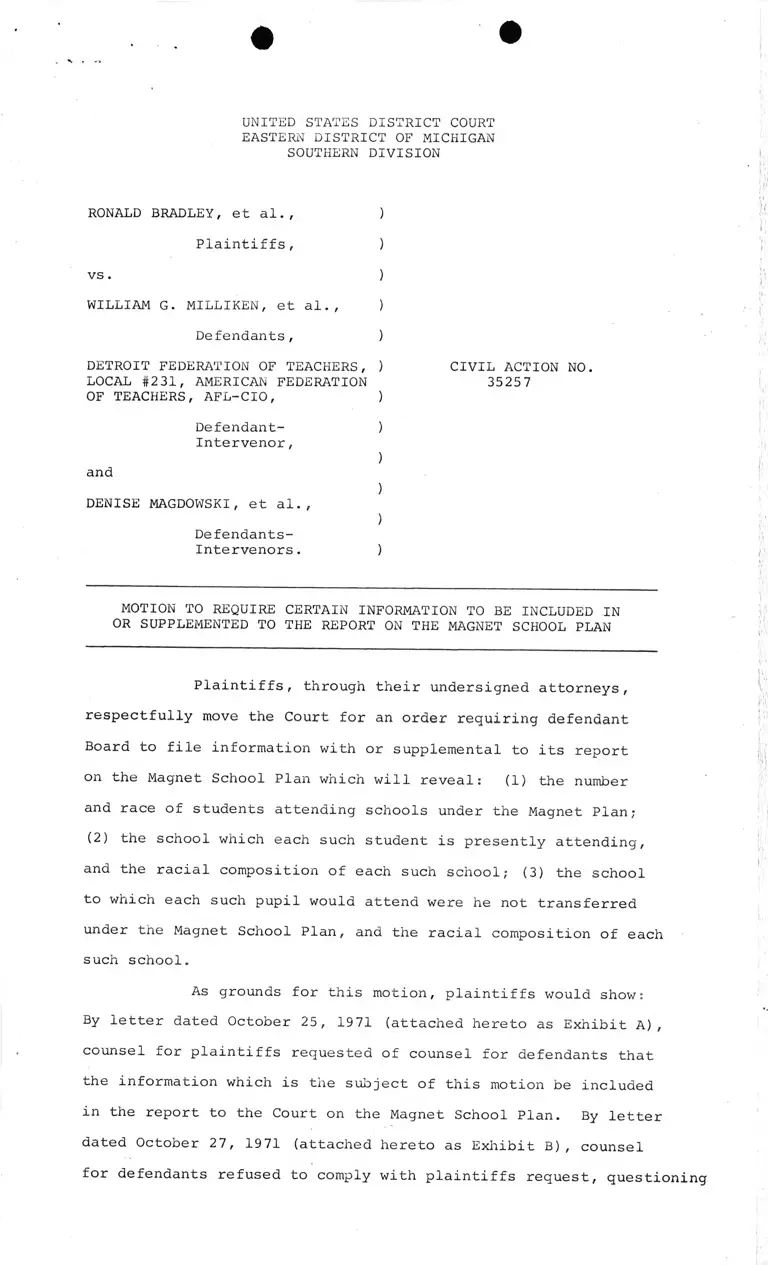 Motion to Require Certain Information to be Included in or Supplemented to the Report on the Magnet School Plan preview