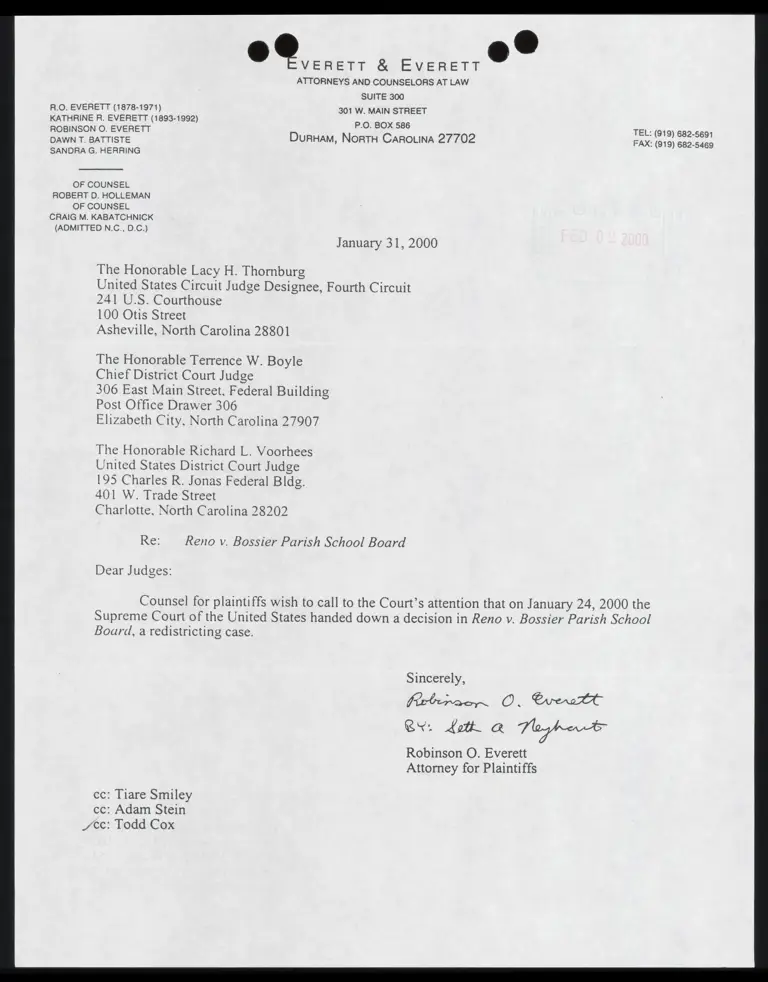 Letter to Judges from Everett RE: Notice of Reno v. Bossier Decision preview