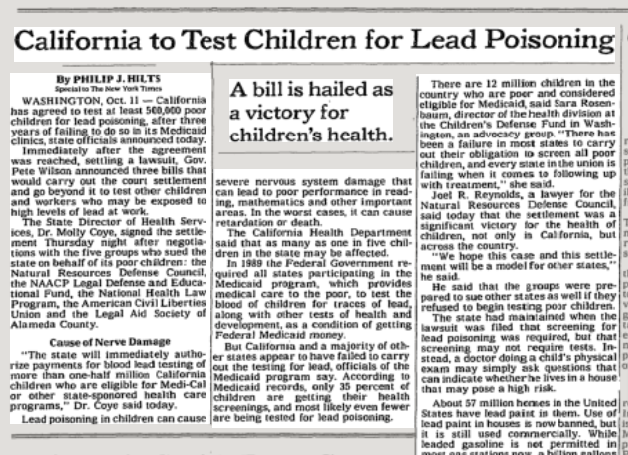 Photo of newspaper clipping with the heading, "California to Test Children for Lead Poisoning."