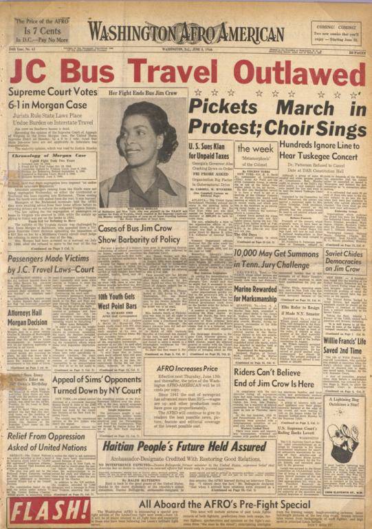 Color photo of a Washington Afro-American newspaper cover with a photo of Irene Morgan and the main headline reading, "JC Bus Travel Outlawed."