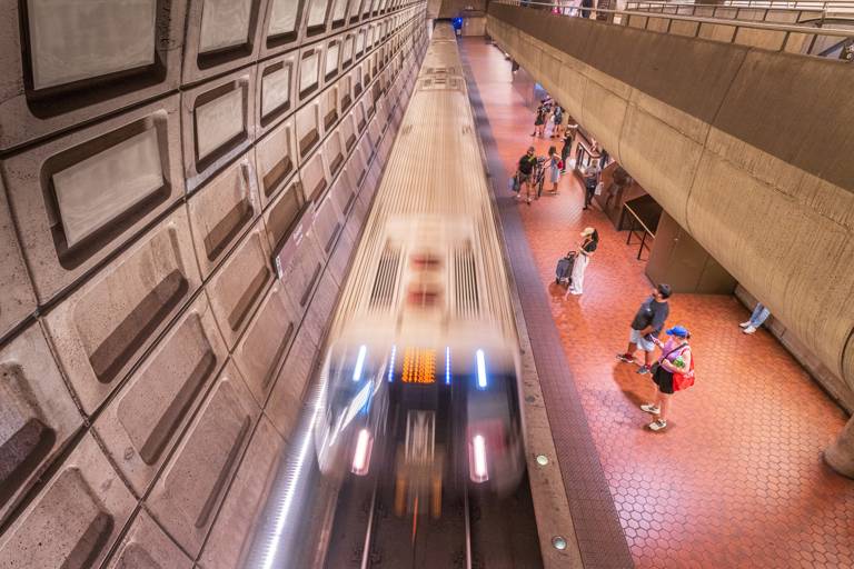 Color photo of a Washington Metropolitan Area Transit Authority train pulling into the Rosslyn station on September 15, 2024, in Arlington, Virginia.