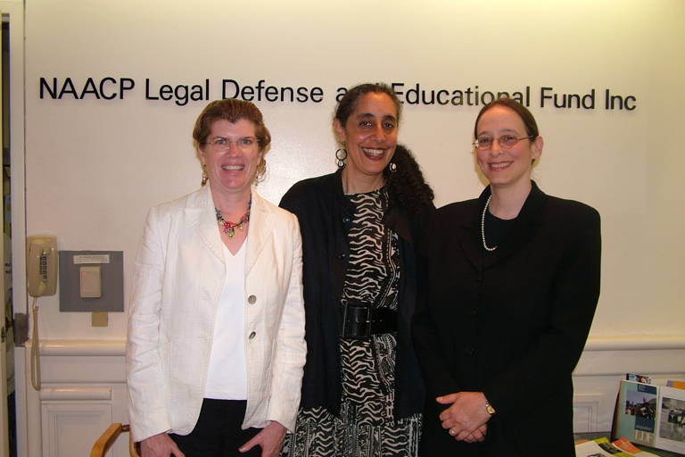 Color photo of Lani Guinier, Pamela Karlan, and another woman in 2005.