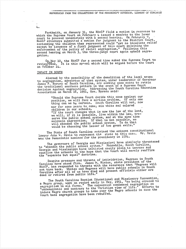 Page 4 of an NAACP memo regarding public school desegregation cases, dated October 9, 1952.