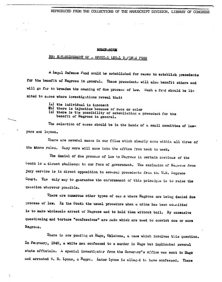 Memorandum Re Establishment Of A Special Legal Defense Fund