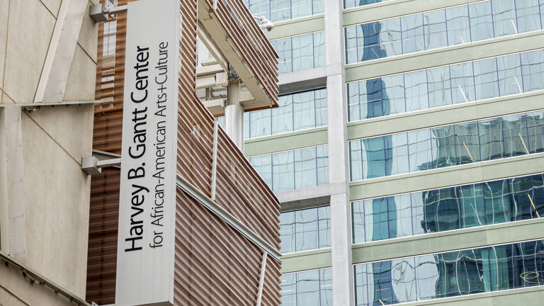 Color photo of the exterior of the Harvey B. Gantt Center for African-American Arts and Culture building in Charlotte, North Carolina.