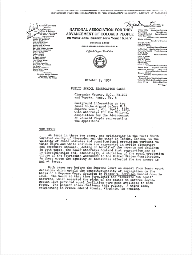 Page 1 of an NAACP memo regarding public school desegregation cases, dated October 9, 1952.