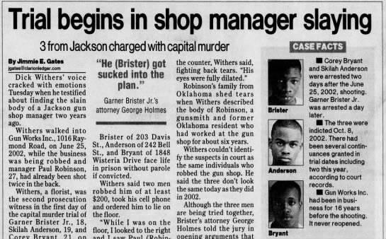 Newspaper clipping from the Clarion-Ledger with the headline, "Trial begins in shop manager slaying." The article contains three pictures.