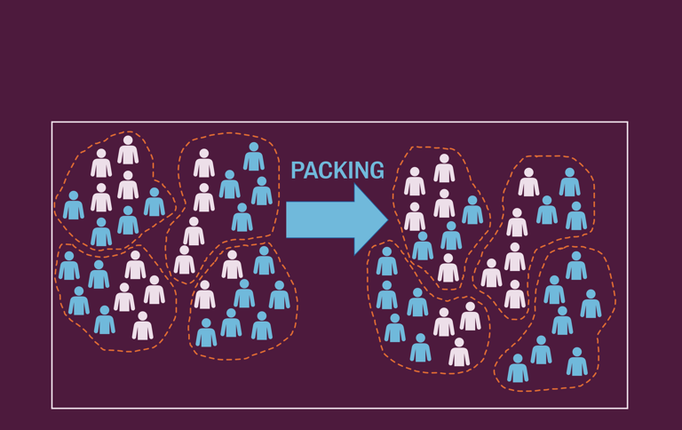 Infographic with icons of blue and white people and an arrow, demonstrating the concept of packing.