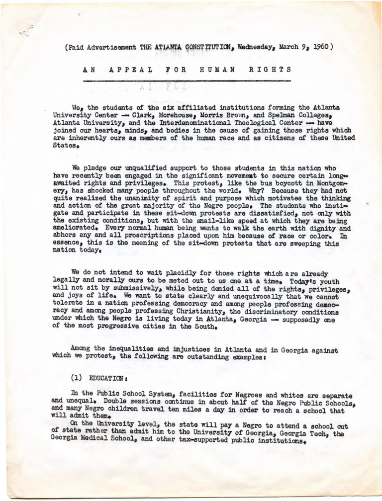 “An Appeal for Human Rights,” Advertisement in The Atlanta Constitution, 1960.
