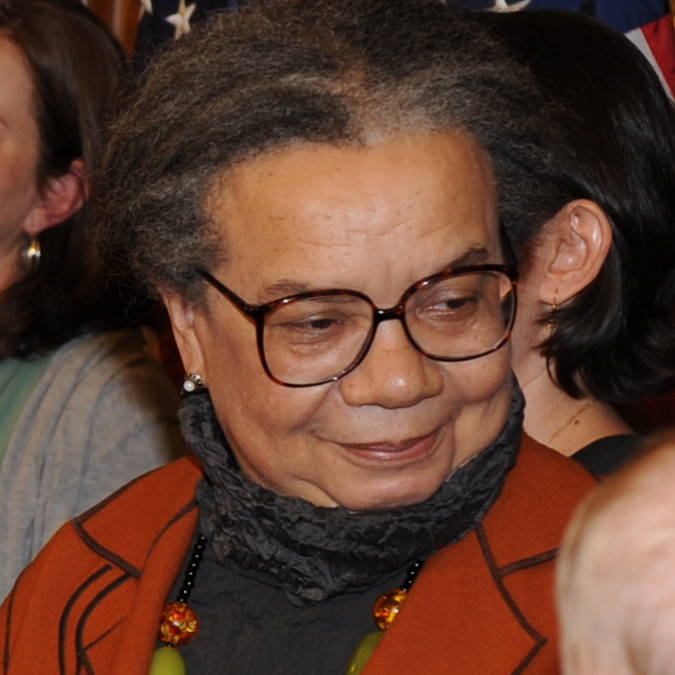 Close-up image of Marian Wright Edelman at a press conference following a meeting with children’s advocates on behalf of comprehensive health insurance reform legislation. 
