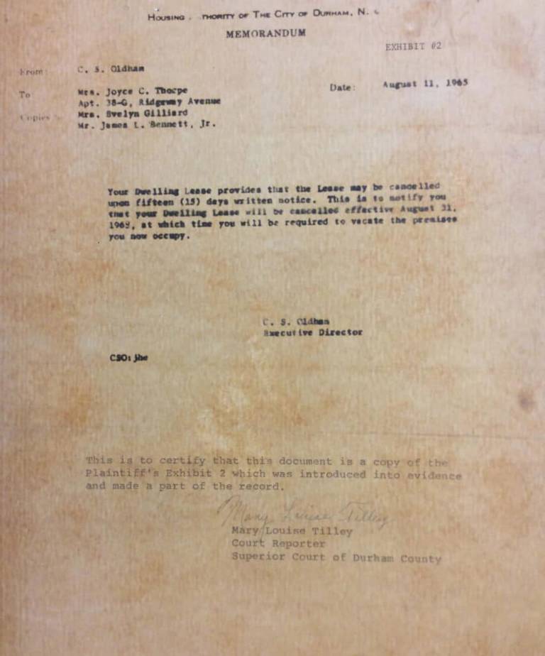 Joyce Thorpe's eviction notice, dated August 11, 1965.