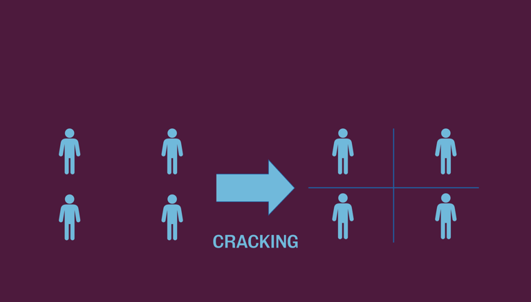 Infographic with icons of blue people and an arrow, demonstrating the concept of cracking.