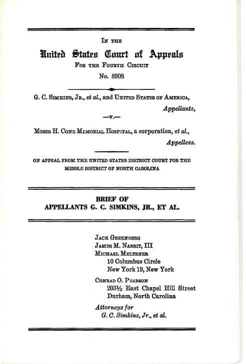 Photo of cover page for the Simkins v. Moses H. Cone Memorial Hospital brief.