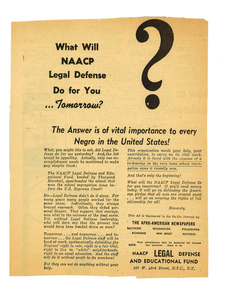 Advertisement for NAACP Legal Defense and Educational Fund: "What will NAACP Legal Defense Do for You... Tomorrow?"