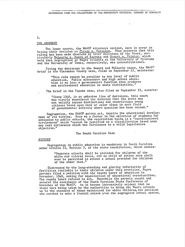 Page 2 of an NAACP memo regarding public school desegregation cases, dated October 9, 1952.