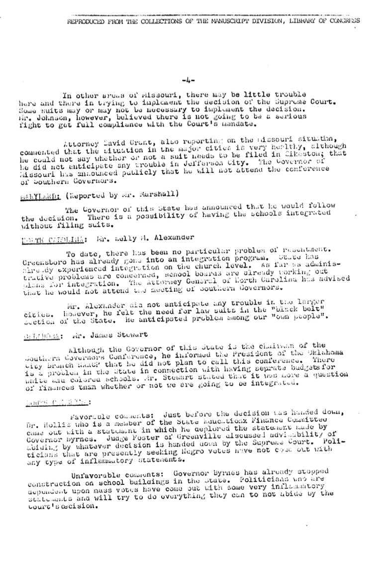 Page 4 of excerpts from reports of various state leaders re: overall picture of state reaction to Supreme Court decision; possibility of starting litigation, etc., dated May 22, 1954.