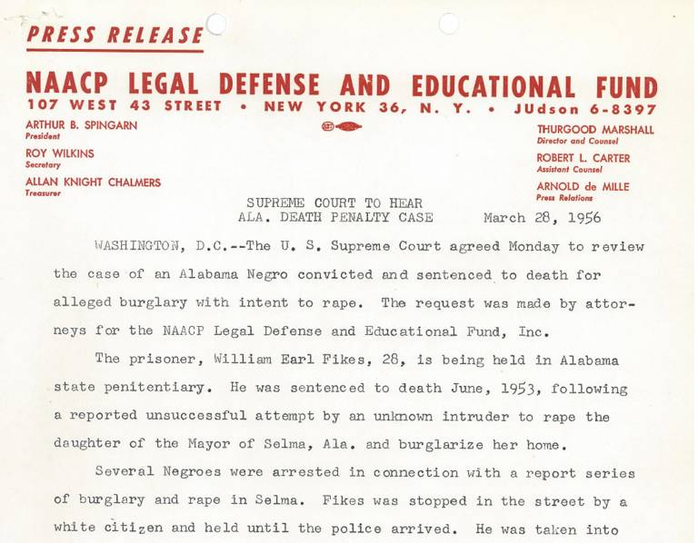 LDF press release stating, “Supreme Court to Hear Ala. Death Penalty Case,” from March 28, 1956. Red NAACP LDF letterhead on top.